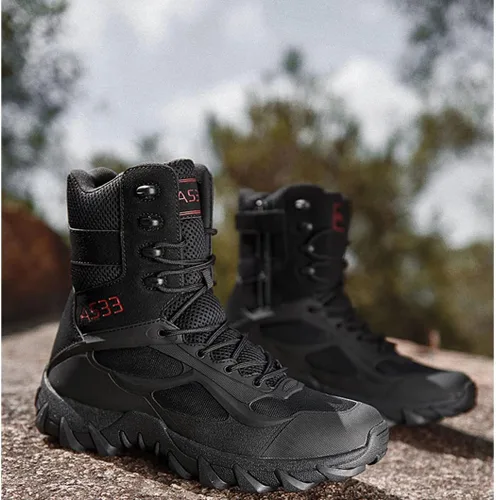 Vista 2 de Botas tácticas para hombre, botas militares de trabajo, botas de combate al aire libre para senderismo, motocicleta, escalada