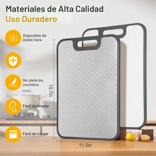 Vista 7 de Tabla de cortar de acero inoxidable, doble cara con paja de trigo PP, diseño de cubo 3D antideslizante, tabla de cortar grande de 15.75 x 11