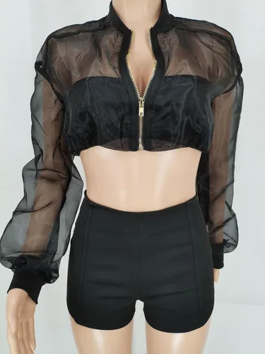 Vista 5 de Conjunto de 2 piezas para mujer, de malla transparente, manga larga, corta, con cremallera, para verano, vacaciones, club