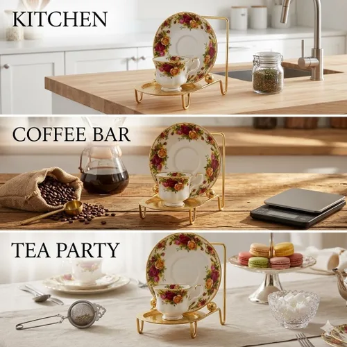 Vista 4 de HOHIYA Soporte de exhibición dorado para tazas y platillos de té para 6 tazas, organizador de mesa decorativo para tazas de China, tazas y platos