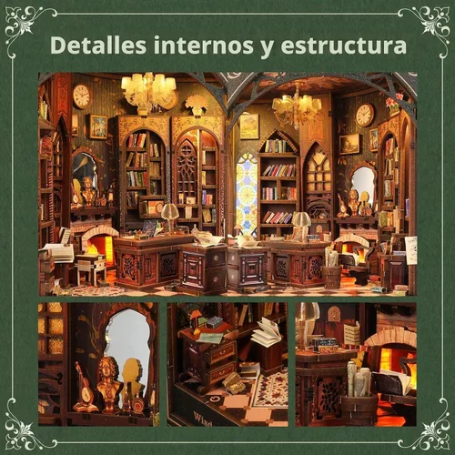 Vista 2 de Kit de rincón de libros: rompecabezas de madera 3D con luces LED interactivas, decoración en miniatura para adultos y adolescentes, encantador