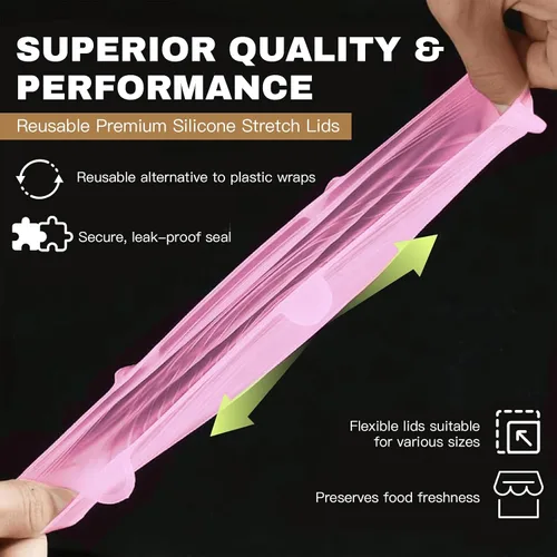 Vista 4 de Tapas elásticas de silicona reutilizables, 18 fundas elásticas redondas y cuadradas, herméticas y a prueba de fugas, aptas para microondas