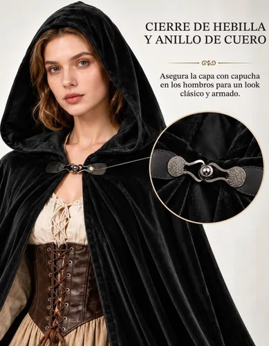 Vista 4 de JPXH Capa medieval con capucha renacentista para hombres y mujeres, disfraz de Halloween Negro