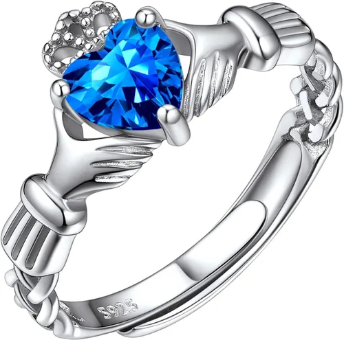 Vista 17 de ChicSilver Anillo de promesa de plata de ley 925 con nudo celta/corazón Claddagh en forma de corazón con piedra natal para mujer