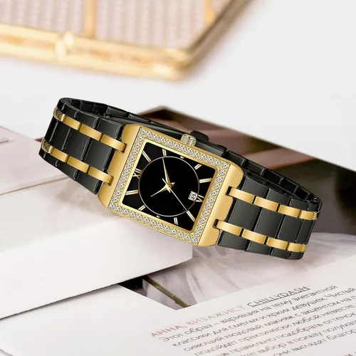 Vista 5 de CARLIEN Relojes de pulsera de acero inoxidable de lujo para mujer, bisel de diamantes, cuadrado, impermeable, calendario, analógico, reloj