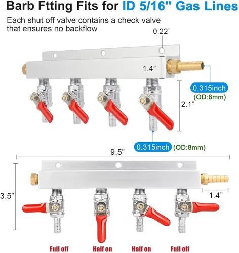 Vista 2 de Colector de CO2, distribuidor de gas de CO2 de 4 vías OD 5/16 pulgadas para púas de barril de cerveza, divisor de CO2 Kegerator con válvulas