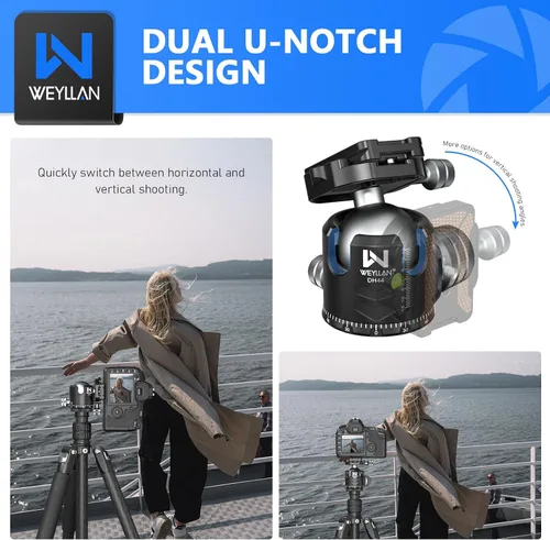 Vista 4 de Cabeza de trípode 44mm de perfil bajo, WEYLLAN DH44 cabeza de bola panorámica de 360 grados de metal con dos placas de liberación rápida, cabeza