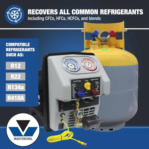 Vista 2 de Mastercool 69365 Sistema de recuperación de refrigerante Twin Turbo - Tanque DOT de 50 libras con interruptor de flotador, compresor de doble