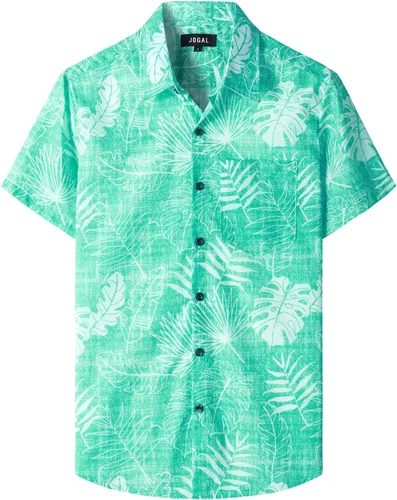 Vista 13 de JOGAL - Camisa hawaiana floral para hombre con bolsillo frontal, estilo Aloha casual Verde Aqua