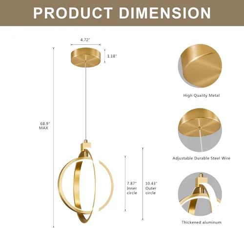 Vista 6 de Lámpara LED moderna con anillo dorado, lámpara colgante de 4000 K, regulable en altura ajustable, iluminación colgante para comedor, cocina, isla