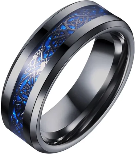 Vista 2 de Tanyoyo 0.315 in Azul Negro Dragón Patrón Biselado Bordes Celtas Anillos Joyería Anillo de Boda Para Hombres 7-14, Acero inoxidable, fibra
