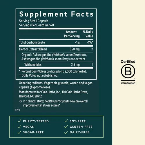 Vista 3 de Gaia Herbs Raíz de Ashwagandha - Suplemento para aliviar el estrés y apoyar el sueño - Apoya niveles de energía equilibrados y perspectiva positiva*