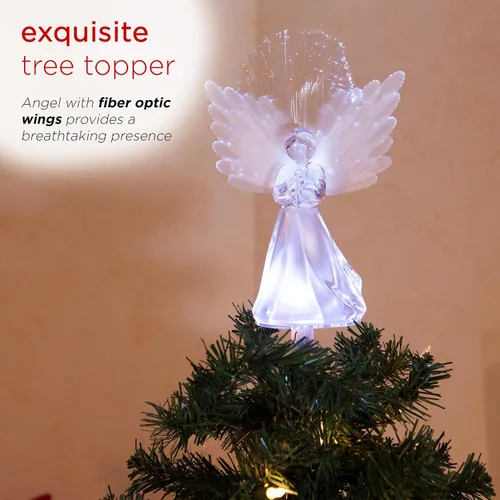Vista 3 de Alpine Corporation Adorno para la Copa del Árbol de Ángel de 11 pulgadas de alto con alas de fibra óptica y luz LED, con función de temporizador