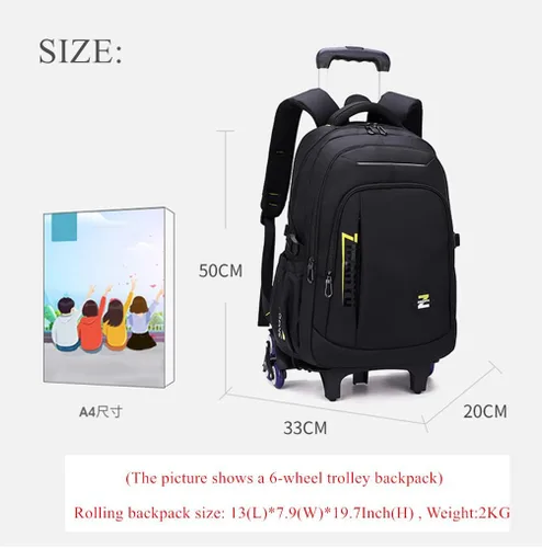 Vista 2 de EKUIZAI Bolsas de carretilla de color sólido Mochila para niños de escuela secundaria, escuela primaria, mochila rodante al aire libre, Negro