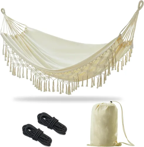 Vista 17 de JoyView Hamaca doble brasileña con cuerdas colgantes, extragrande de 86.6x59" hamaca portátil de algodón para patio, jardín, porche, capacidad