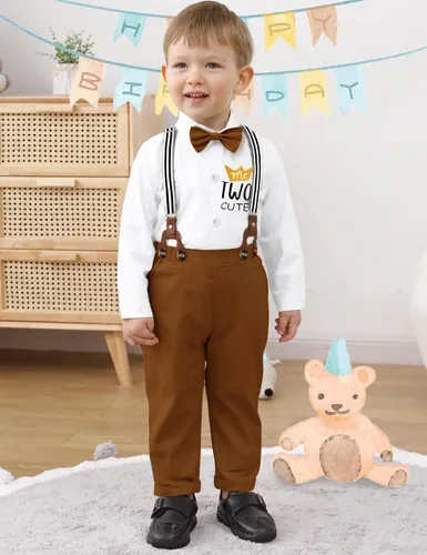 Vista 3 de AGAPENG Traje de primer cumpleaños para niño Mr Onederful First Gentleman Bowtie Mameluco con tirantes y sombrero de corona