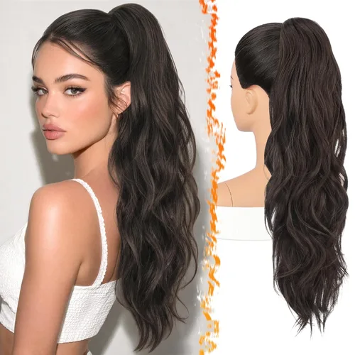 Vista 24 de BARSDAR 25 Inch Synthetic Dual Claw Clip Auburn Brown Loose Wavy Ponytail