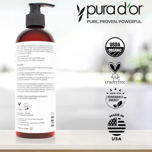 Vista 4 de PURA D'OR Aceite de Aguacate ORGÁNICO de 16 Oz, 100% Puro y Natural Certificado por USDA, Aceite Portador Prensado en Frío Para Belleza DIY, No