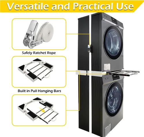 Vista 6 de Kit de apilamiento MaxWorks para lavadora y secadora, kit de apilamiento universal para lavadora y secadora con estantes extraíbles