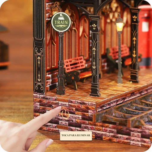 Vista 4 de Kit de rincón de libros, kit de bricolaje en miniatura de casa de muñecas con tren de vapor, rompecabezas de madera 3D para colgar libros con LED