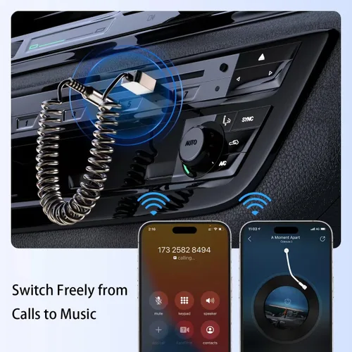 Vista 5 de GLOBELEC Adaptador auxiliar a Bluetooth 5.3, receptor adaptador de audio auxiliar USB de 0.138 in con micrófono integrado para llamadas manos