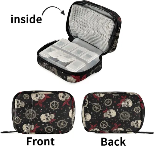 Vista 4 de Pastillero de viaje con forma de calavera roja con forma de corazón rojo semanal pequeño (cota), pastillero para 7 días, soporte para vitaminas