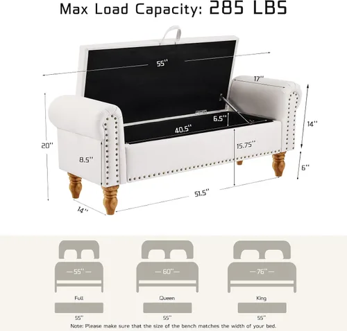 Vista 2 de Banco otomano tapizado de lino de 55 pulgadas con brazos enrollados para dormitorio, color beige