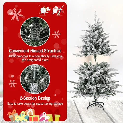 Vista 5 de Goplus Árbol de Navidad artificial preiluminado de 4.5 pies con nieve, árbol de Navidad completo con bisagras con 160 luces LED multicolores, 8