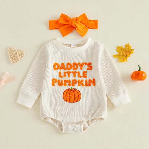 Vista 5 de Traje de Halloween para bebé niña con bordado de gofres de manga larga A-daddy's Little Pumpkin