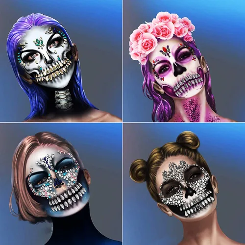 Vista 7 de Tatuajes faciales para cosplay, Día de la Muerte, cráneo temporal, gemas para la cara, tatuajes, diamantes de imitación, fantasma, novia, jade