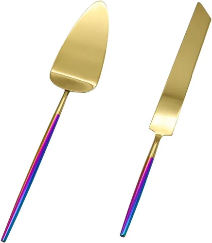 Vista 14 de Koyal Wholesale Juego de cuchillo y servidor para pastel de boda burdeos, cortador de pasteles y servidor con mango dorado para novia y novio, juego