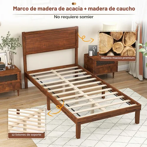 Vista 6 de KOMFOTT Base de cama de madera tamaño twin con cabecero, base de cama de plataforma de madera de acacia sólida, base de cama soportada por listones