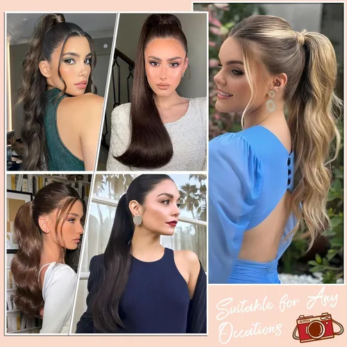 Vista 6 de Extensión de cola de caballo de 22 pulgadas y 24 pulgadas de largo, ondulado y lacio, extensiones de cabello sintético de aspecto natural