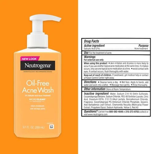 Vista 8 de Neutrogena Lavado de acné sin aceite, limpiador facial para combatir el acné con medicina de ácido salicílico, tratamiento para el acné