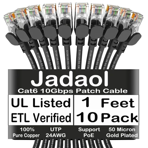 Vista 20 de Cable Ethernet Cat 6 de 1 pie (paquete de 6), para exteriores e interiores, compatible con red Cat7 de 10 Gbps, cable de conexión LAN plano de Negro