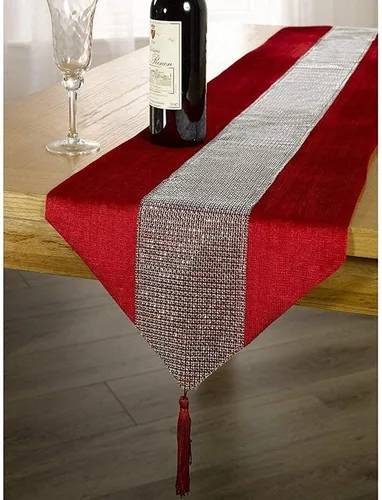 Vista 10 de Camino de mesa de 13 x 72 pulgadas con tira de diamantes y borlas (gris)