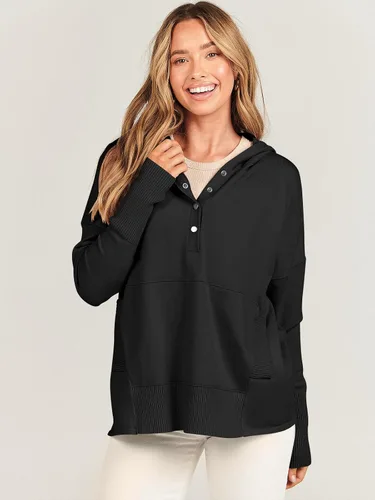 Vista 7 de ANRABESS Sudadera con capucha de gran tamaño para mujer, manga larga, botones, cuello en V, casual, holgada, ropa de otoño