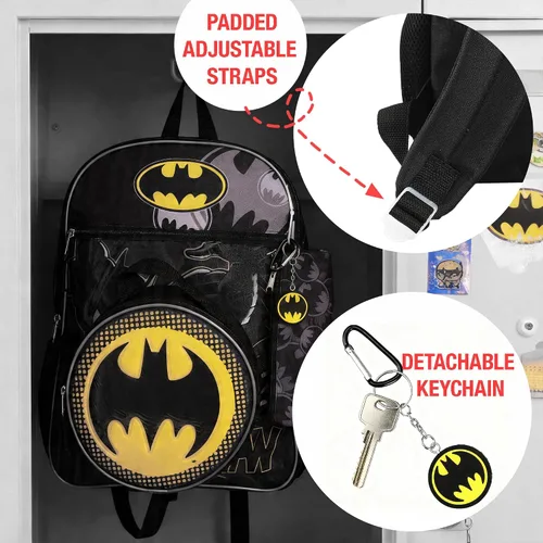 Vista 5 de DC Comic Book Batman Symbol - Juego de accesorios de mochila de 5 piezas para niños