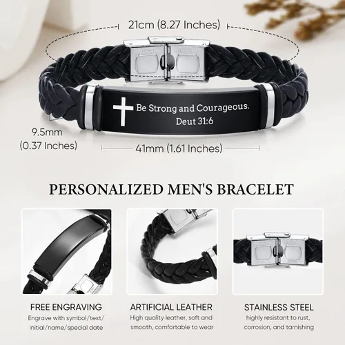 Vista 4 de Pulsera de cuero para hombre, regalo de sobriedad para hombre: cita inspiradora/versículo bíblico grabado, pulsera trenzada negra para hombre