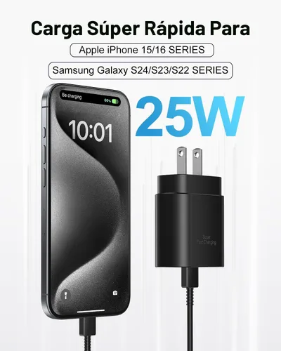 Vista 2 de Cargador tipo C de carga rápida, paquete de 2 [3.05m y 1.83m] cable USB C largo con bloque de cargador súper rápido de 25W para teléfono compatible