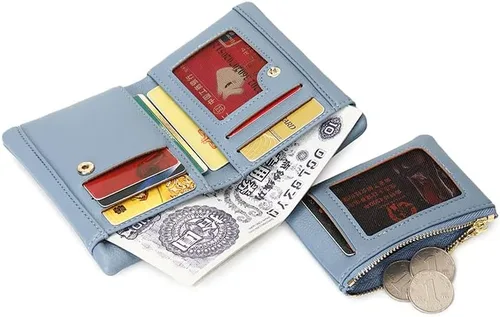 Vista 2 de PofeeXIO Carteras para mujer con funda de tarjeta extraíble, monedero compacto plegable pequeño para mujer, billetera RFID para mujer, billetera