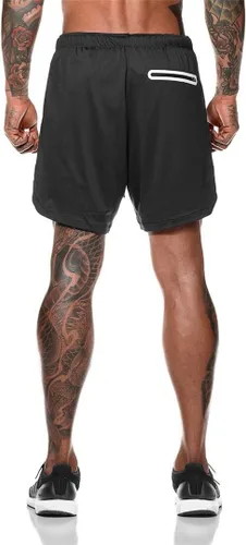 Vista 3 de Akk Pantalones cortos 2 en 1 para hombre, para correr, entrenamiento, yoga, gimnasio, deportes, con bolsillos para teléfono con cremallera