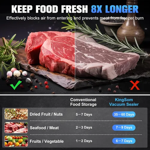 Vista 5 de KingSom Máquina selladora al vacío, selladores al vacío de alimentos 8 en 1 con temporizador digital, sellador al vacío compacto 80KPA