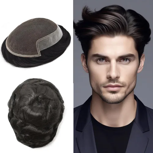 Vista 11 de Tupé para hombre con encaje suizo para hombre, sistema de reemplazo de cabello humano real, extensiones de nudo blanqueado para prótesis de cabello