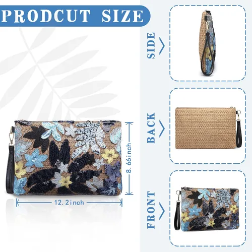 Vista 2 de ER.Roulour Bolso de paja de verano para mujer, bordado floral, bolso de mano de paja tejido para playa, fiesta, boda
