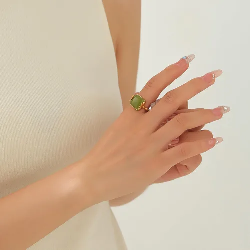 Vista 2 de Zaycca Anillos chinos de jade de bambú para mujer, anillo étnico de cobre chapado en oro ajustable con apertura, Esmalte, No