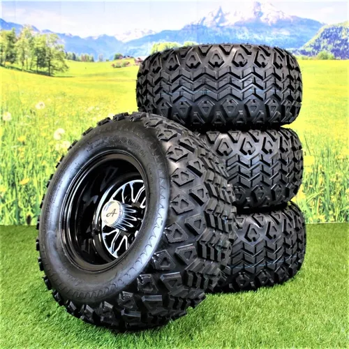 Vista 3 de (juego de 4) 20x10.00-10 ATW-045 con ruedas negras brillantes Fusion 10x7 para golf