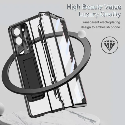 Vista 5 de NINKI Funda compatible con Samsung Galaxy Z Fold 5 5G con S Pen y protección de bisagra, cubierta transparente chapada de lujo transparente con Negro