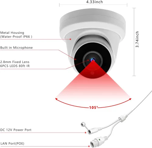 Vista 5 de Cámara de torreta IP PoE de 5MP para exteriores, cámara domo