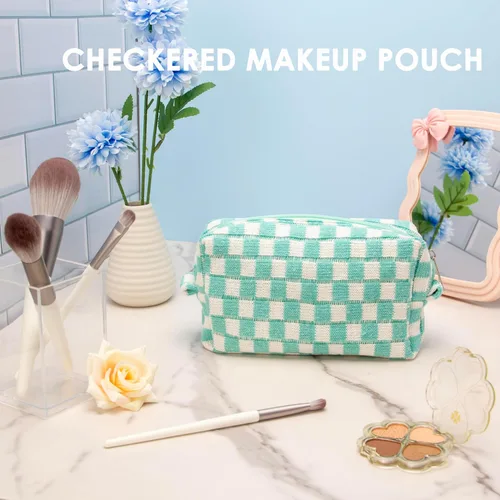 Vista 3 de PAZIMIIK Bolsa de Maquillaje a Cuadros para Bolso Portátil con Cremallera, Estuche Pequeño de Cosméticos para Accesorios de Viaje, Azul Ártico